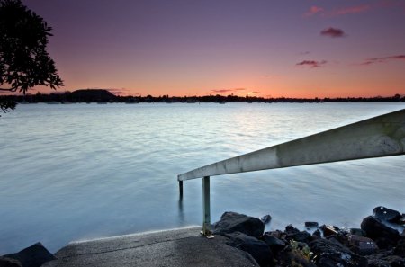 down to the river - river, shore, sunset, rail, ramp