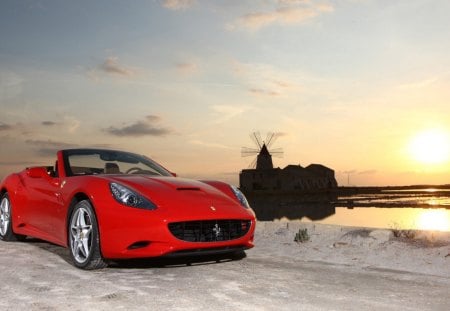 ferrari at the salt pools in sicily - windmills, salt pools, sundown, car