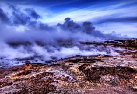 icelandic landscape hdr - steam, hdr, geyser, rocks