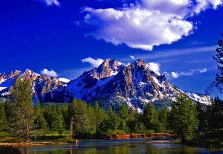 wonderful clear nature landscape - forest, mountai, clouds, river