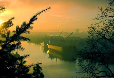 glorious morning on a river port - morning, trees, river, ships, mist