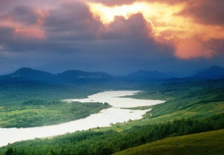 beautiful riverscape - clouds, river, shores, sunset, mountains