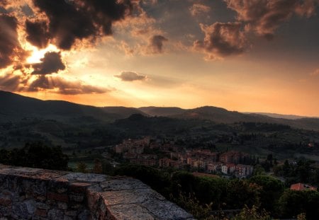 san gimignano italy - clouds, village, stone wall, hills, sunset