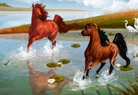 Horses - free, river, animal, water, painting, horse