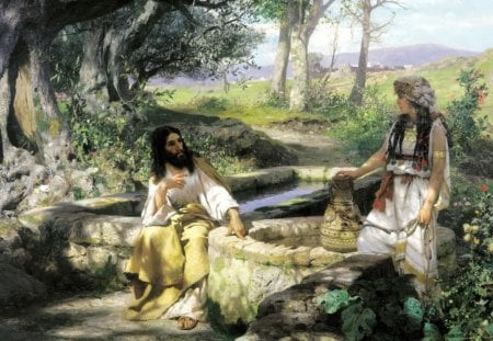 Henry Semiradzki, Christ and the Samaritan woman - will, vase, christ and the samaritan woman, water, well, henry semiradzki, light, bible art, painting, the story of the bible, the beauty of simplicity