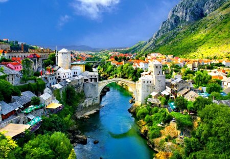 ALPINE TOWN - house, trees, landscape, mountain, river, nature, alpine, a town, bridge