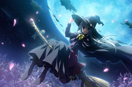 Alice Kamishiro - moon, supipara, night, anime girl, black, wind, halloween, witch, alice kamishiro, sakura, pink, anime, cherry blossoms