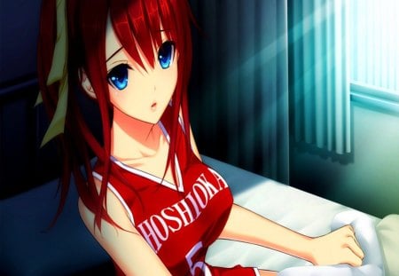 Kyo In School Clinic... :) - bed, girl, blue eyes, tsukishima, red hair, koy, anime, hatsukoi, sweet, cute