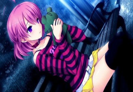 Runa In Rain!!! :) - anime, girl, night, sweet, runa, rain, cute, hatsukoi, purple hair, frog, fujikawa