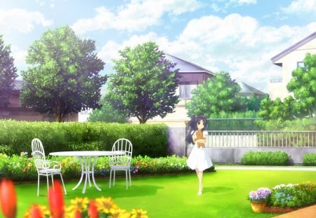 Summer garden - house, anime, summer, girl, table, flower, manga, green, garden, cloud, sky