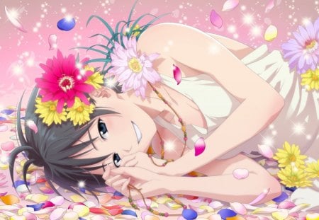 Raining with summer flowers - summer, flower, rain, pink, beauty, yellow, anime, girl, manga, petals