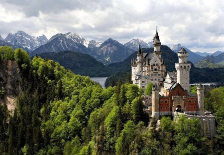 Newschwanstein Castle ~ Germany - mountains, sky, trees, castle