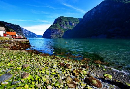 Mountain river - calm, summer, blue, cabin, reflection, mountain, shore, riverbank, view, lake, nice, hut, cottage, sky, clouds, house, beautiful, lovely, stones, lakeshore, river, nature, bright, clear, peaceful