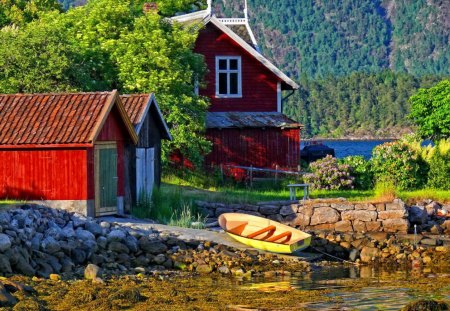 Done for the day - pretty, sunny, summer, fishing, boat, mountain, countryside, villa, shore, riverbank, waters, lake, nice, cottage, canoe, house, greenery, beautiful, lovely, stones, peacefu, lakeshore, river, nature, clear, serenity, day