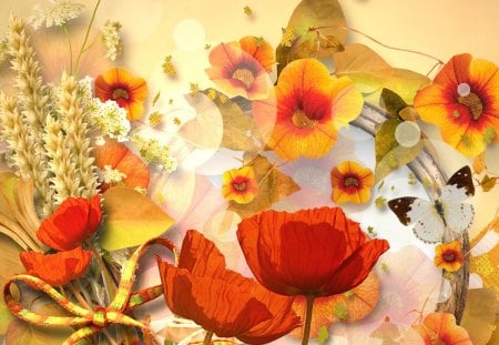 An Autumn To Remember - papillon, poppies, butterflies, nasturtium, flowers, wheat, ribbons, poppy, gold, colors, orange, fleurs, fall, colorful, autumn, bright, butterfly