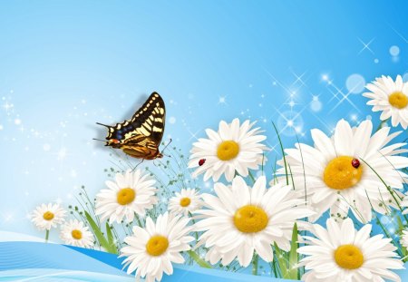 Blissfull - papillon, sparkle, summer, blue, ladybug, daisy, spring, fleurs, stars, flowers, daisies, autumn, butterfly, lady bug, shine