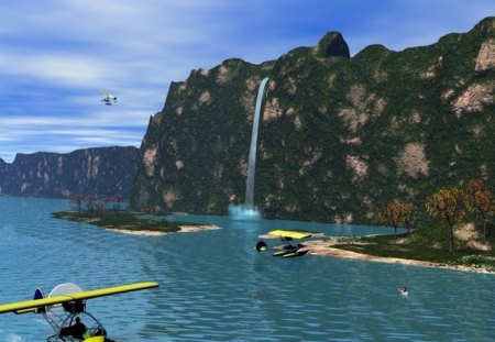 lake side view - planes, water, mountain, falls