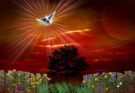 Peaceful Place - bird, flowers, rays, tree