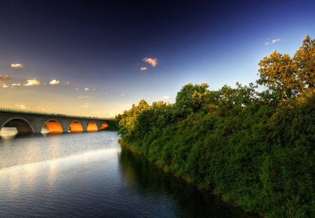 beautiful bridge of arches - bridge, sundown, trees, river