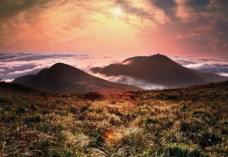 mountains above the clouds - mountains, sunset, clouds, grass