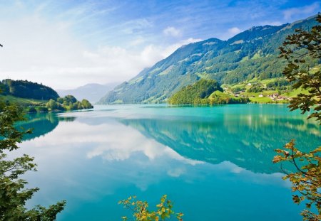 lakeside village by a mountain - turquoise, lake, mountain, popular, wallpaper, nature, lakes, village, clouds, blue dreams, blue, new