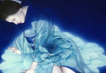 geisha - woman, geisha, blue, flower