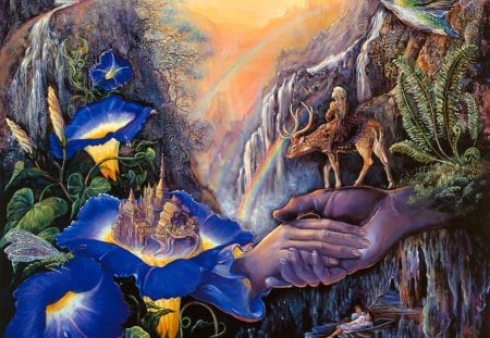 Hand of Friendship - hands, rainbow, art, animals, flowers