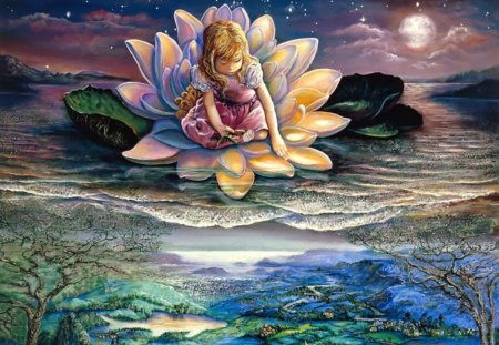 Horizons - moon, girl, lotus flower, water, child, fantasy, art, abstract, lily, city, two worlds