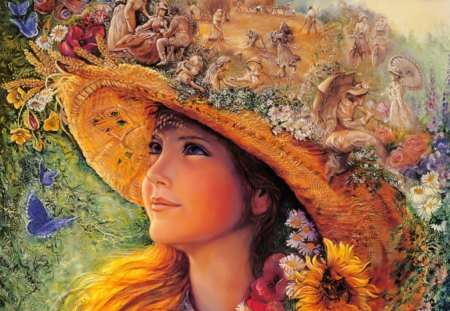 Summer's Past - art, hat, memories, child, flowers