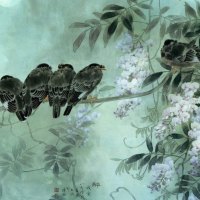 Sparrows and flowers