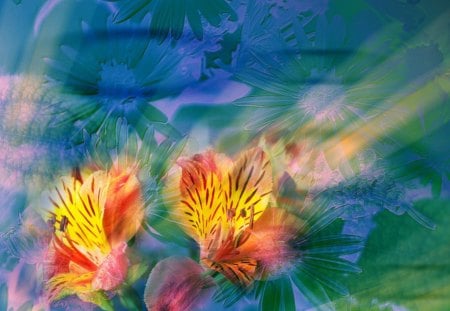 Floral Dawn - flowers, abstract, sunbeams, art