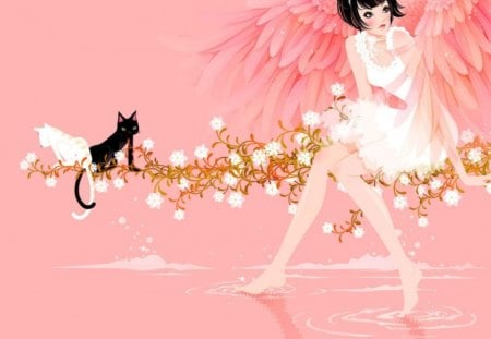 Angel in Pink - angel, branch, cats, water, flowers