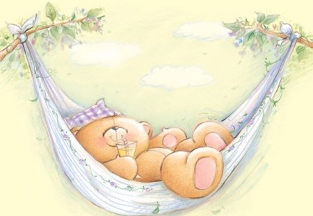 This is the life - drink, hammock, cartoon, bear, animals, tree branches, other, entertainment, abstract, cool, baby, teddy bear, cute, baby bear