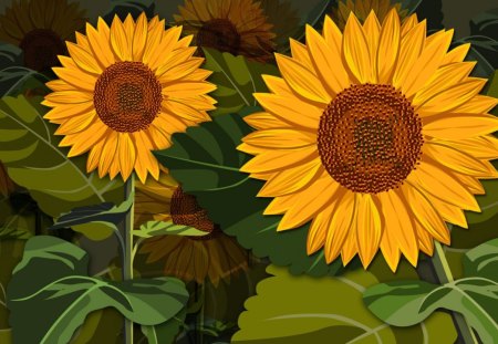 Sunflowers - sunflowers, autumn, lady bug, ladybugs, bright, abstract, fall, yellow, flowers, firefox persona, garden