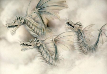 Three White Dragons - sky, dragons, clouds