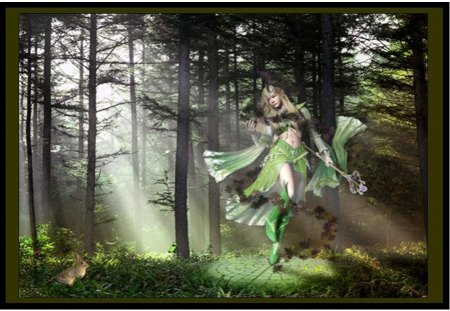 Spring Magic - woodland, rabbit, sunlight, wand, dancing fairy