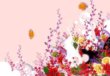 Under the Sea - abstract, girl, fish, flowers, garden, fantasy