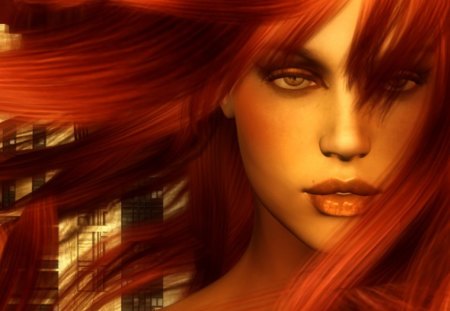 The Redhead - woman, hair, red, city, buildings