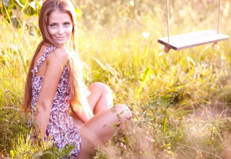 Happy Day - pretty, beautiful, photography, girl, beauty, grass, sweet, happy, swing, nature, woman, blond, cute, field