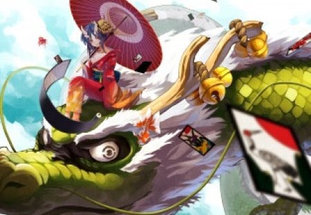 Anime - oni, umbrella, anime, bells, dragon, kimono, horns