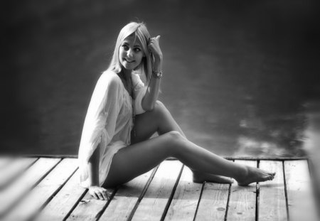 Finding Your Smile - woman, seaside, think, beautiful, summer, black and white, smile, relax