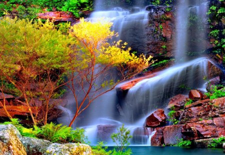 Amazing waterfall - summer, amazing, bushes, stream, forest, gorgeous, nice, falling, trees, water, beautiful, colors, lovely, stones, harmony, fall, colorful, nature, waterfall, rocks