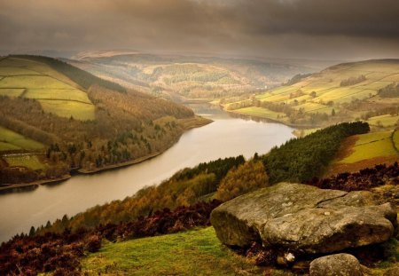 beautiful river between rural hills - clouds, river, hills, fields, rocks