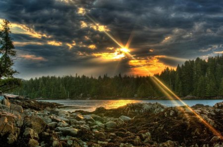 fabulous sunset hdr - forest, rocks, clouds, river, sunset