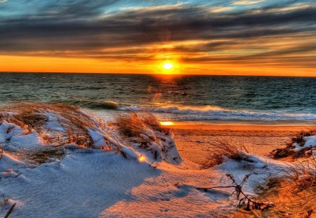 snowy shore - beach, sunset, clouds, snow