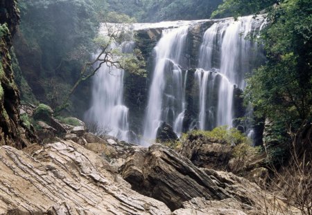 wonderful cascading falls - trees, cascade, waterfall, mist, rocks