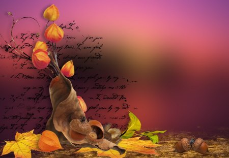 Fall Sunset - fall, collage, leaves, abstract, dry, season, letter, poetry, sky, seed pods, acorns, change, sunset, colors, autumn