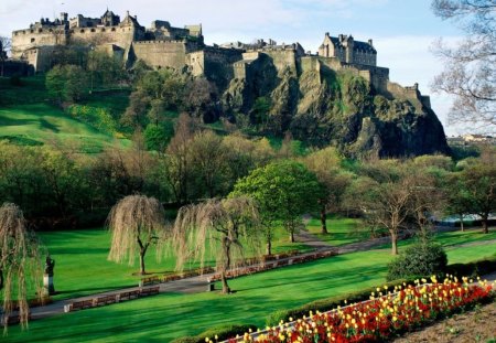 landscape with castle - flowers, grass, trees, castle