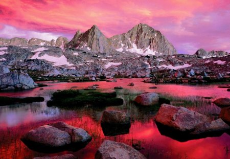 seeing red - water, clouds, rocks, snow