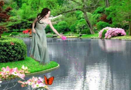 Lady Spring, by SAB687 - garden, pond, girl, nature